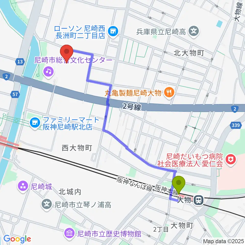 大物駅から尼崎市総合文化センターへのルートマップ地図