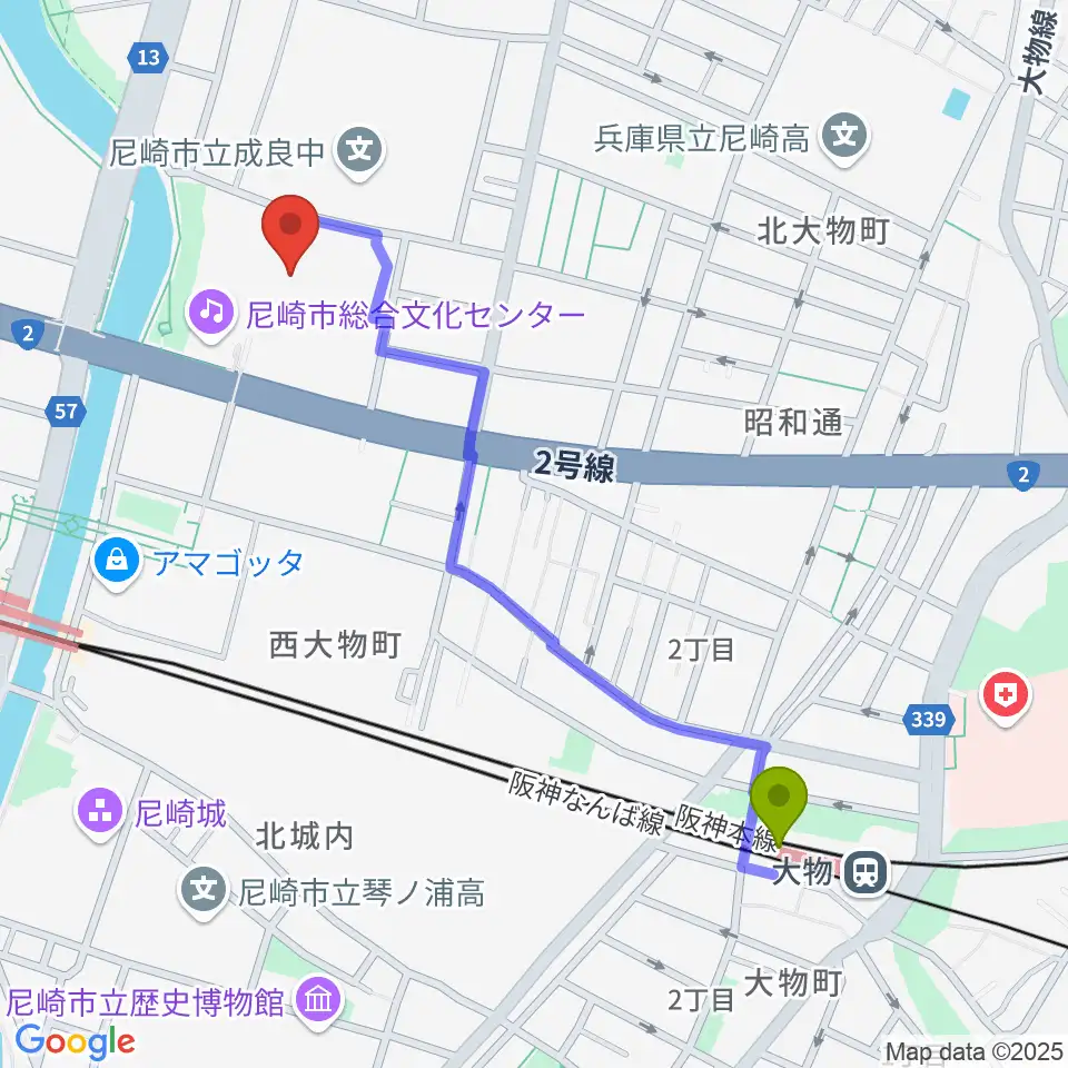 大物駅から尼崎市総合文化センターへのルートマップ地図