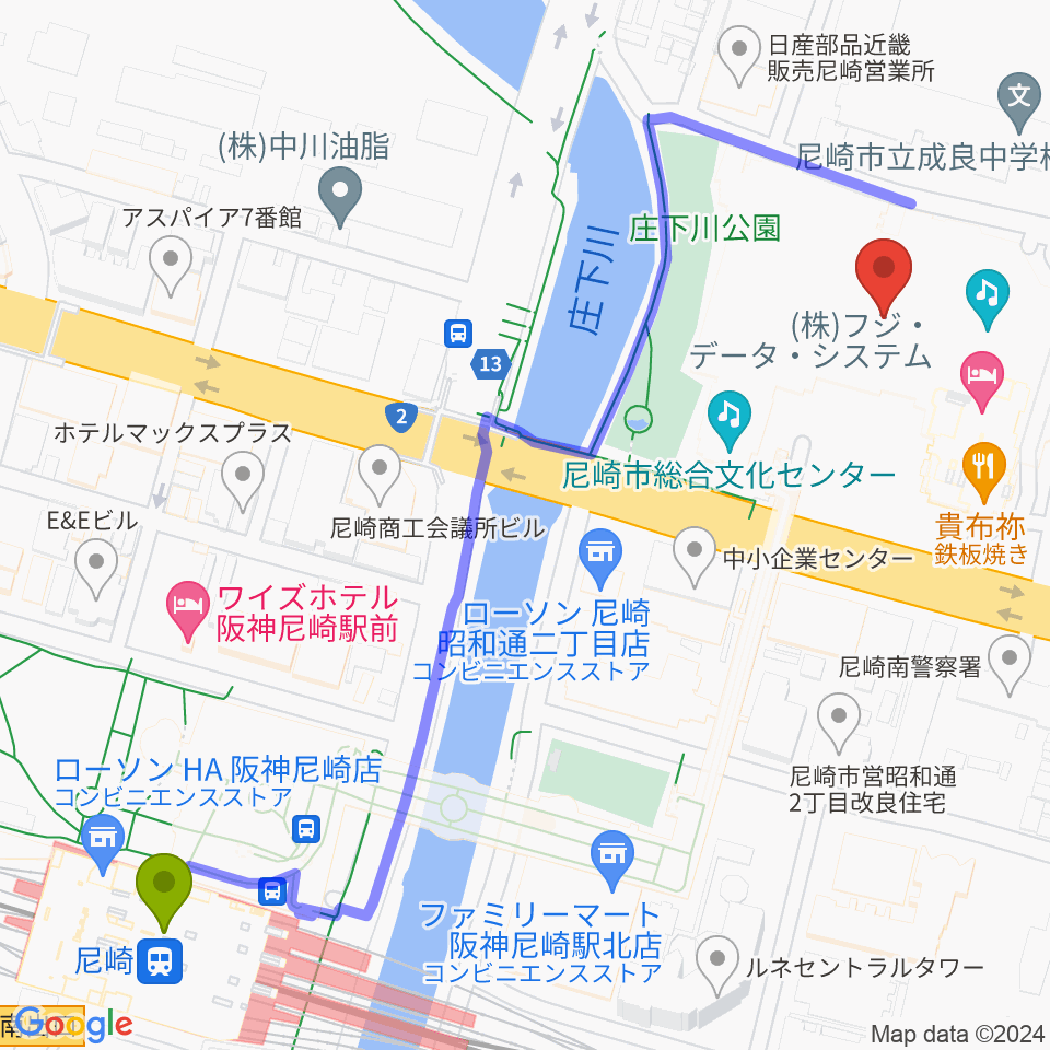尼崎市総合文化センターの最寄駅尼崎駅からの徒歩ルート（約7分）地図