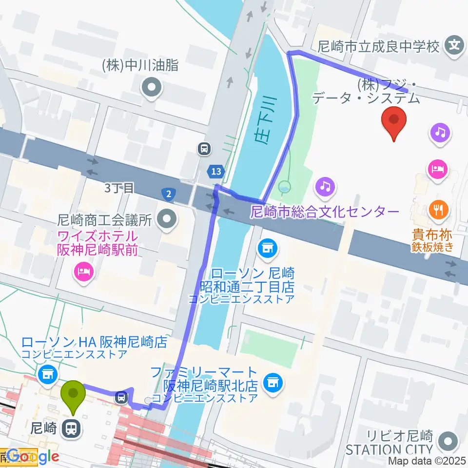 尼崎市総合文化センターの最寄駅尼崎駅からの徒歩ルート（約7分）地図