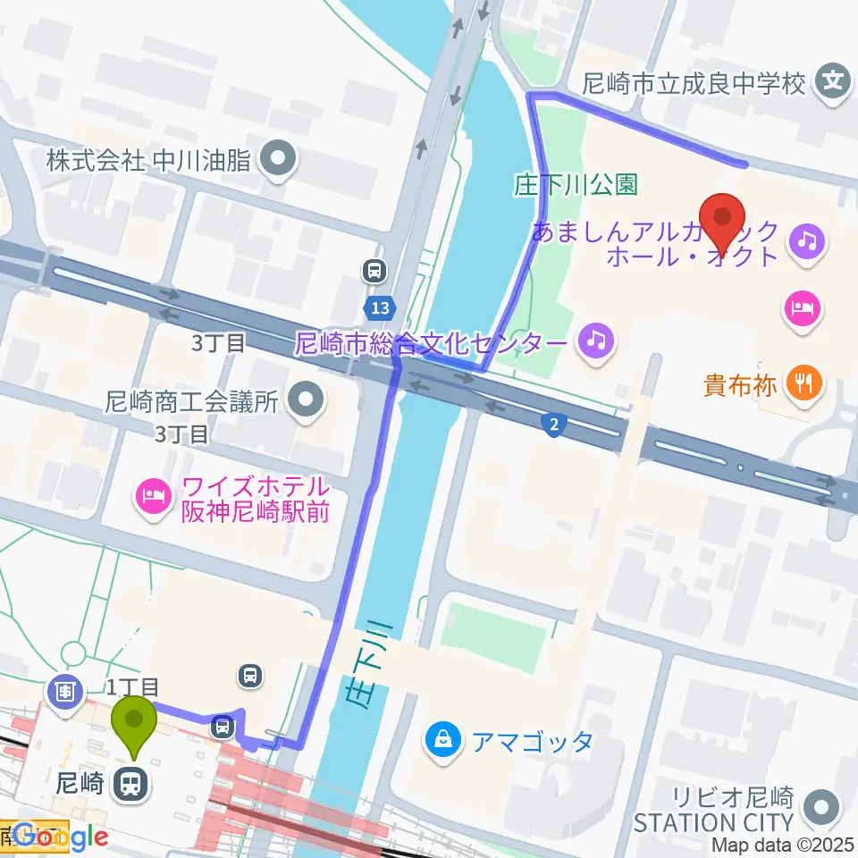 尼崎市総合文化センターの最寄駅尼崎駅からの徒歩ルート（約7分）地図