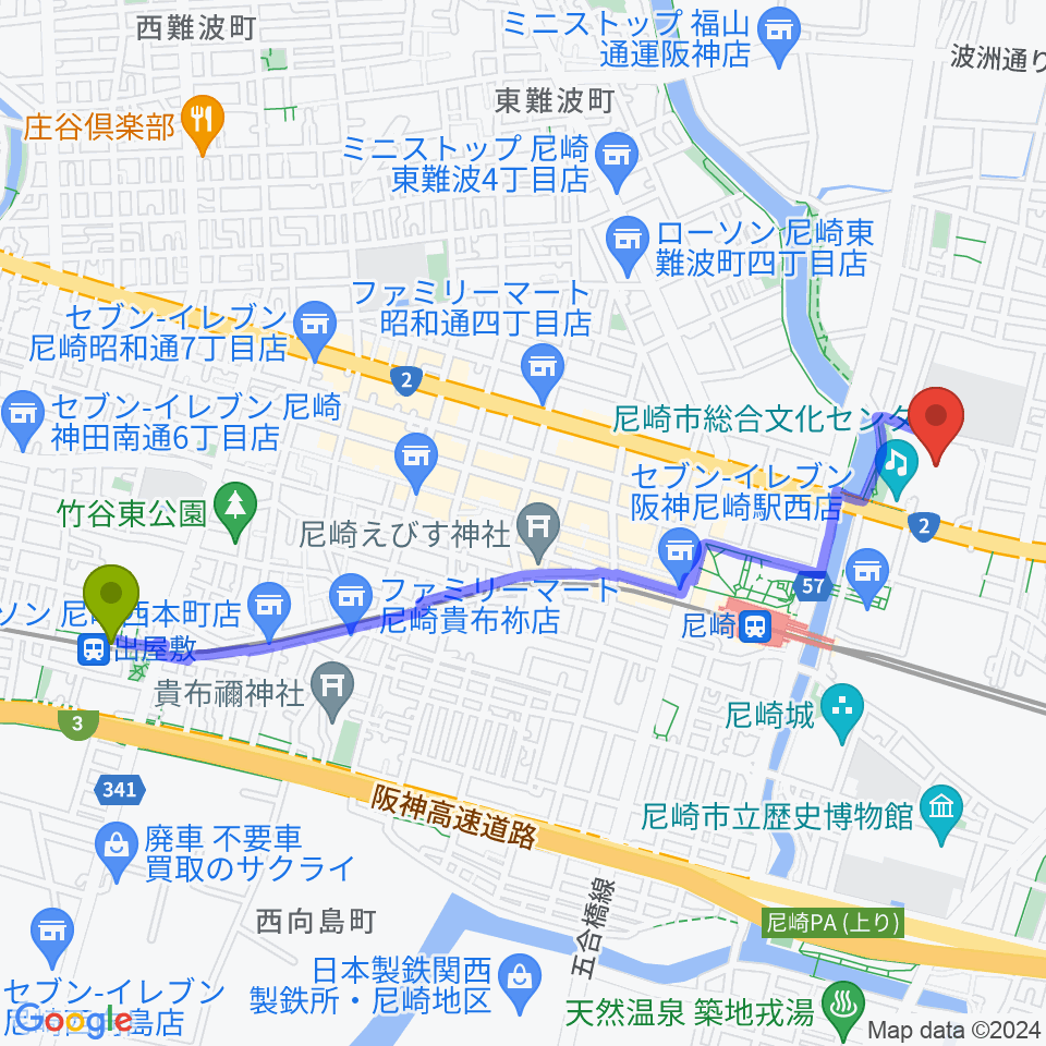出屋敷駅から尼崎市総合文化センターへのルートマップ地図