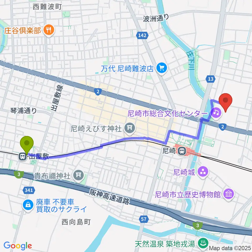 出屋敷駅から尼崎市総合文化センターへのルートマップ地図