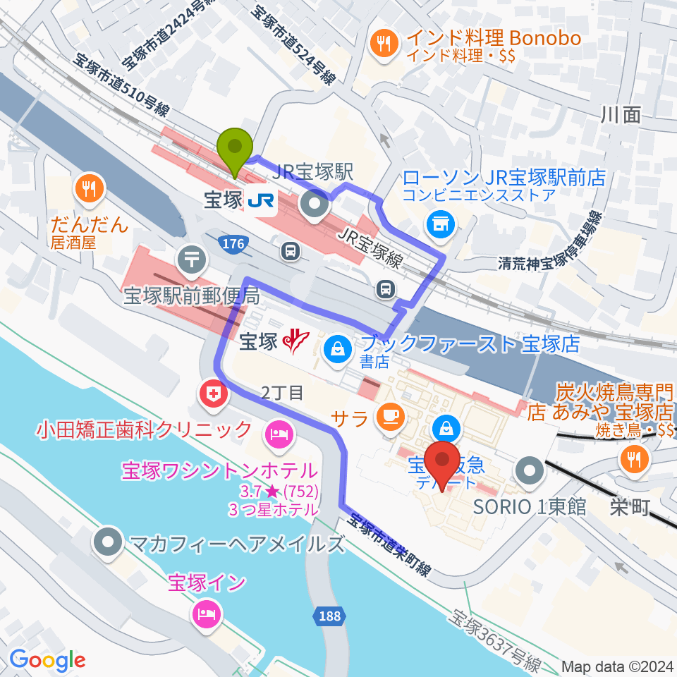 宝塚ソリオホールの最寄駅宝塚駅からの徒歩ルート（約4分）地図