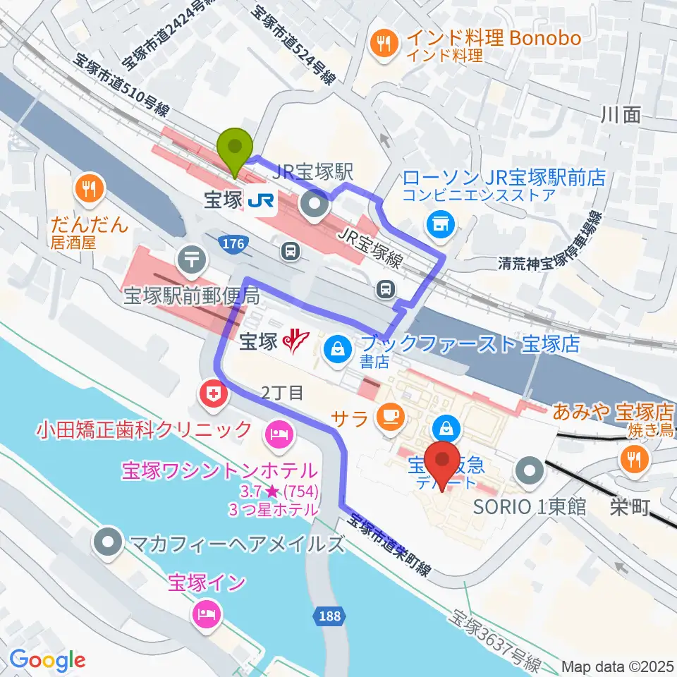 宝塚ソリオホールの最寄駅宝塚駅からの徒歩ルート（約4分）地図