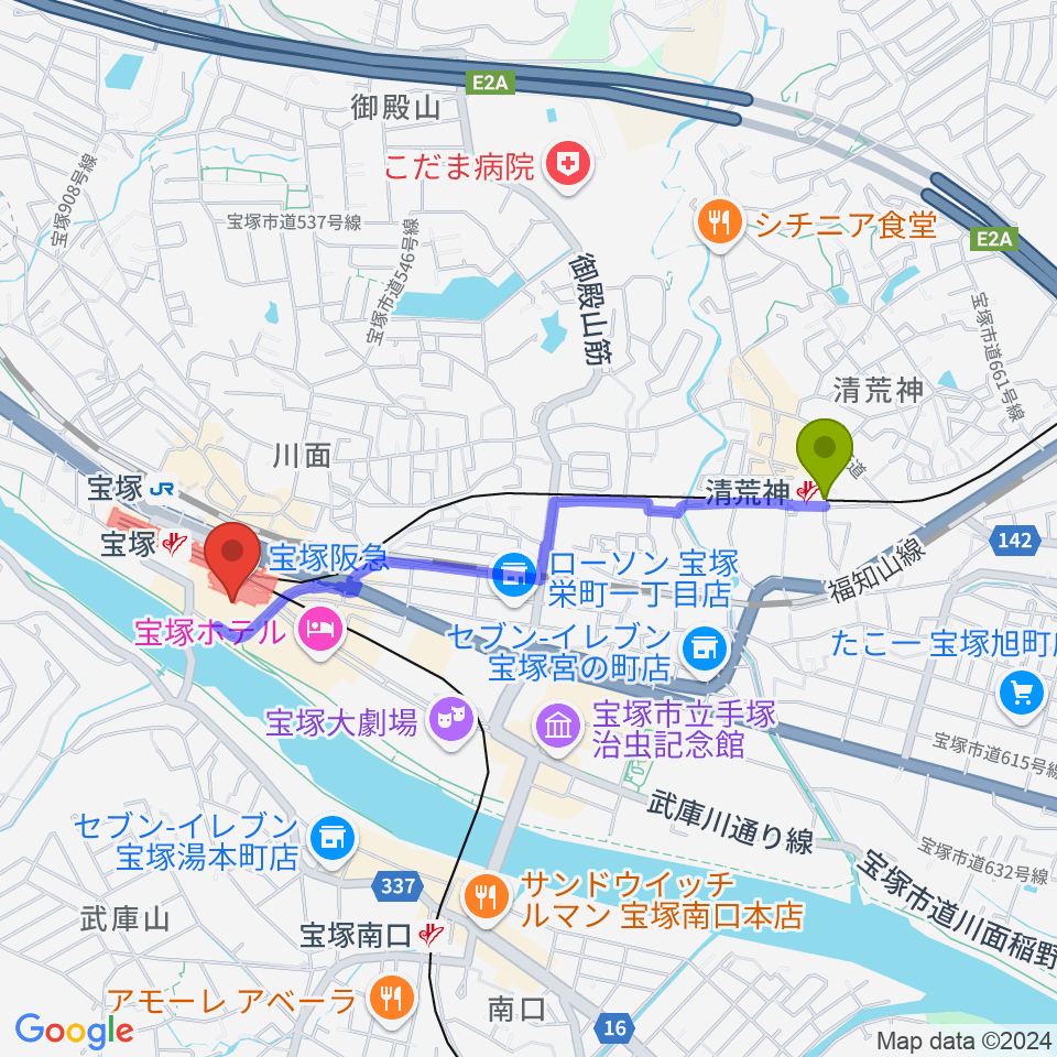 清荒神駅から宝塚ソリオホールへのルートマップ地図