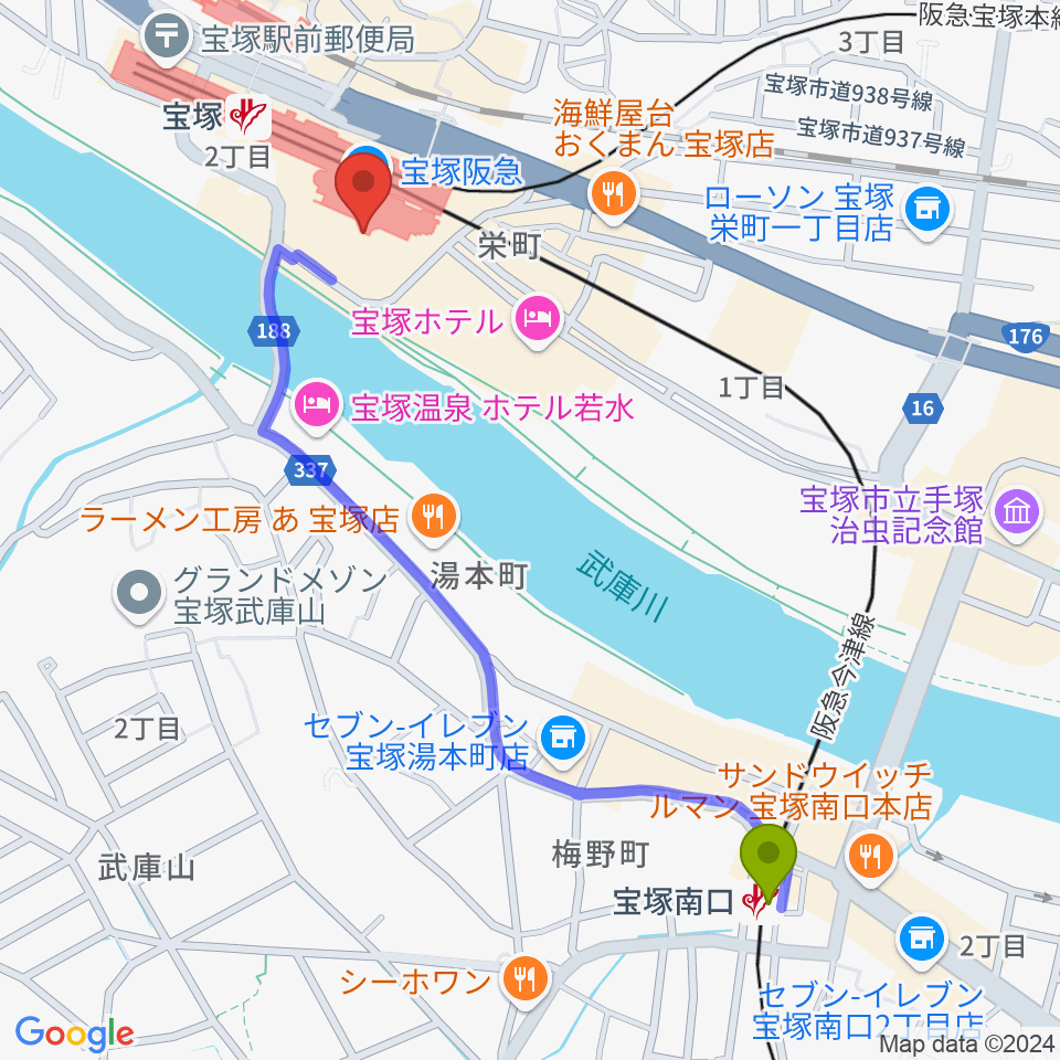 宝塚南口駅から宝塚ソリオホールへのルートマップ地図