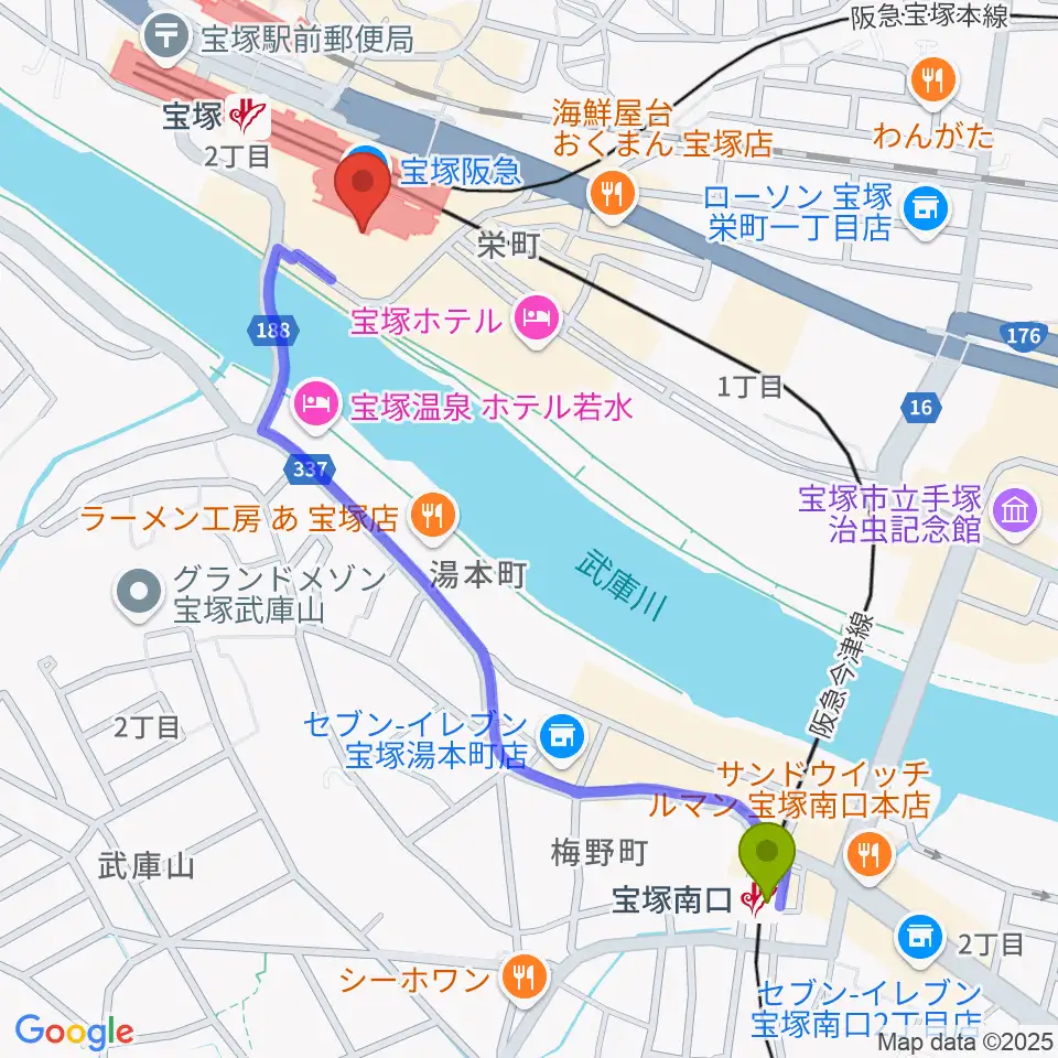 宝塚南口駅から宝塚ソリオホールへのルートマップ地図