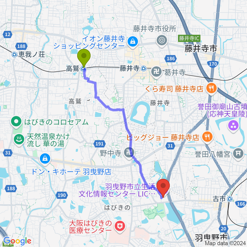 高鷲駅からLICはびきのへのルートマップ地図