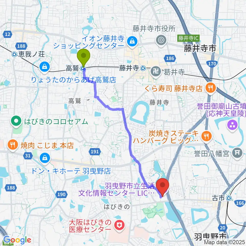 高鷲駅からLICはびきのへのルートマップ地図