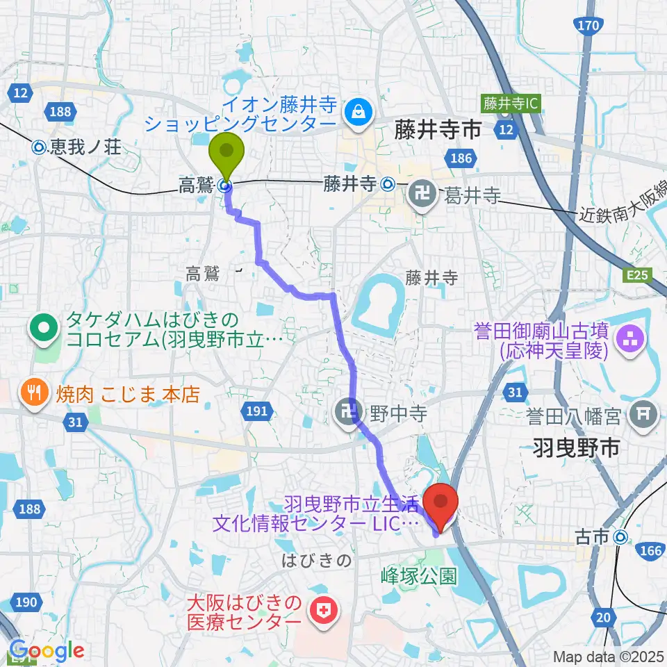 高鷲駅からLICはびきのへのルートマップ地図