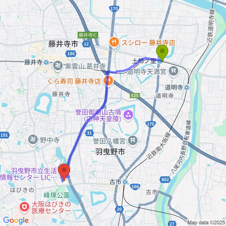 土師ノ里駅からLICはびきのへのルートマップ地図