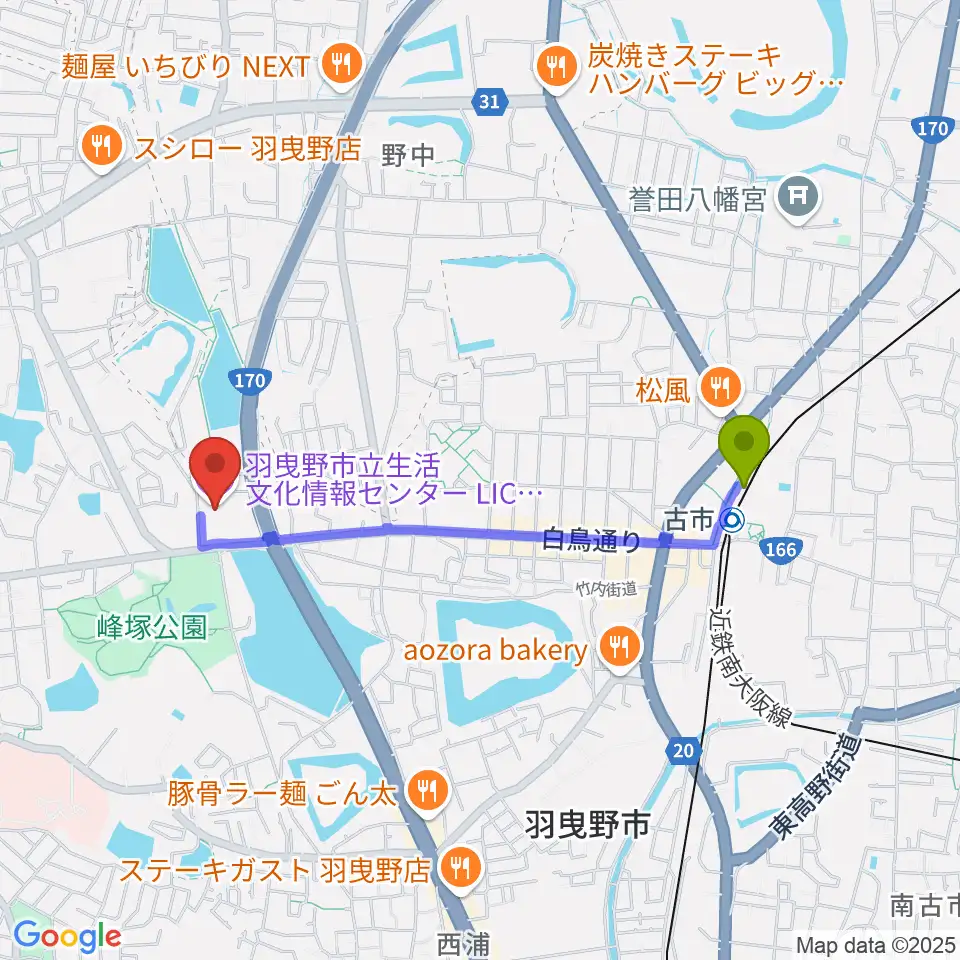 LICはびきのの最寄駅古市駅からの徒歩ルート（約17分）地図