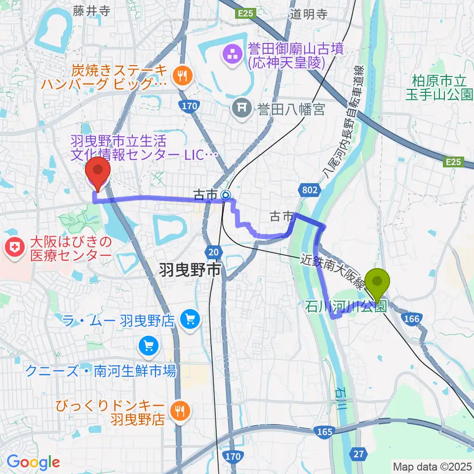 駒ヶ谷駅からLICはびきのへのルートマップ地図
