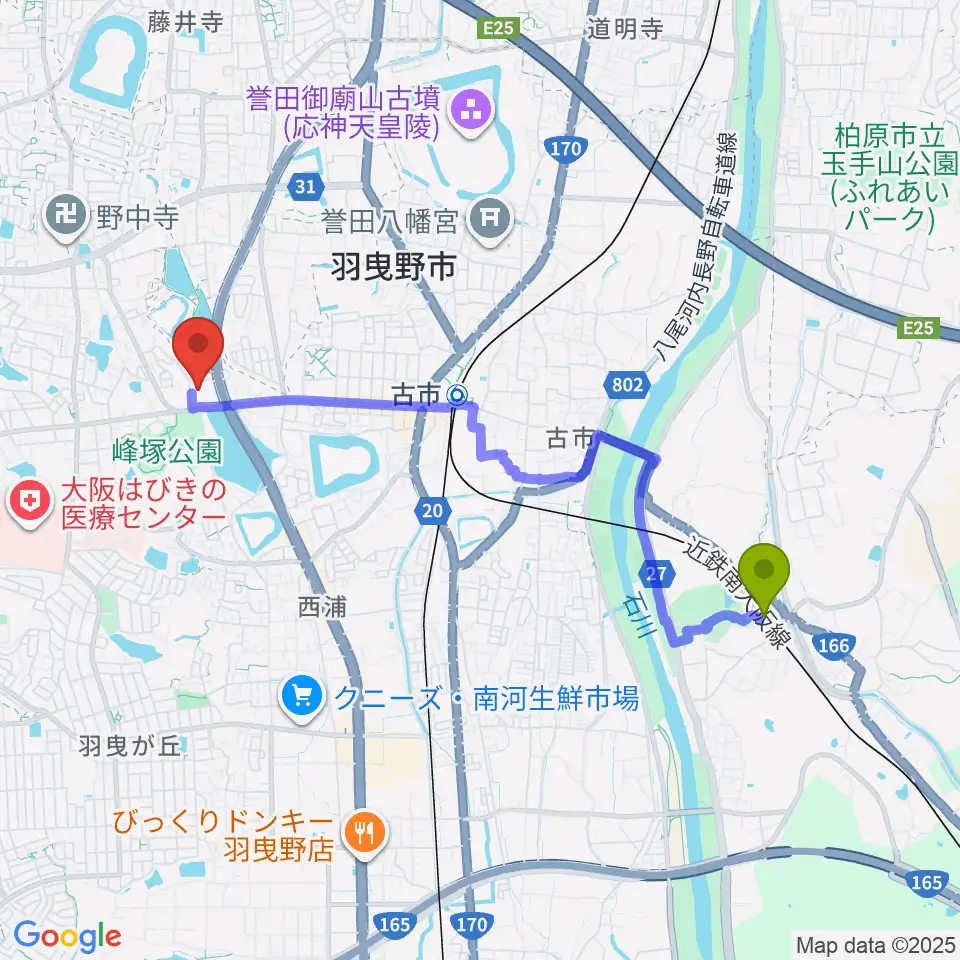 駒ヶ谷駅からLICはびきのへのルートマップ地図