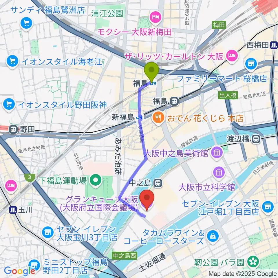 福島駅からグランキューブ大阪へのルートマップ地図