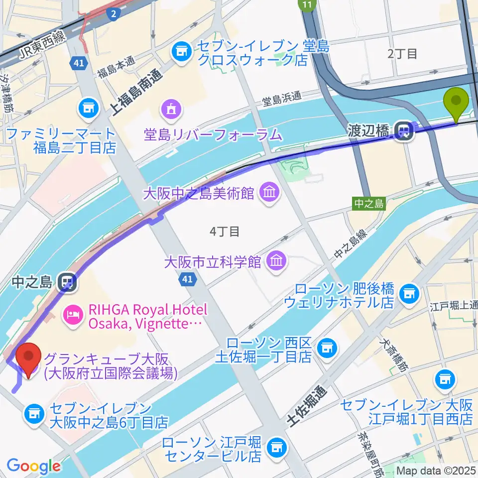 渡辺橋駅からグランキューブ大阪へのルートマップ地図