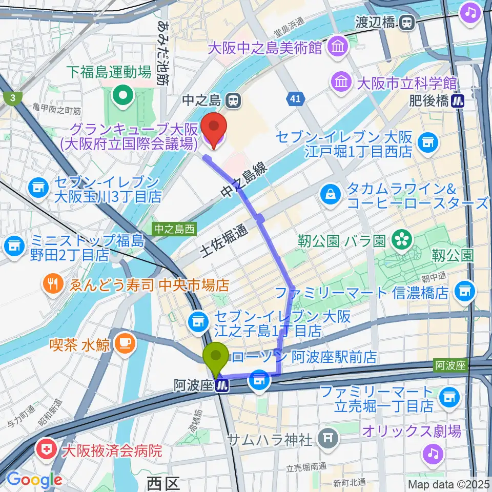 阿波座駅からグランキューブ大阪へのルートマップ地図