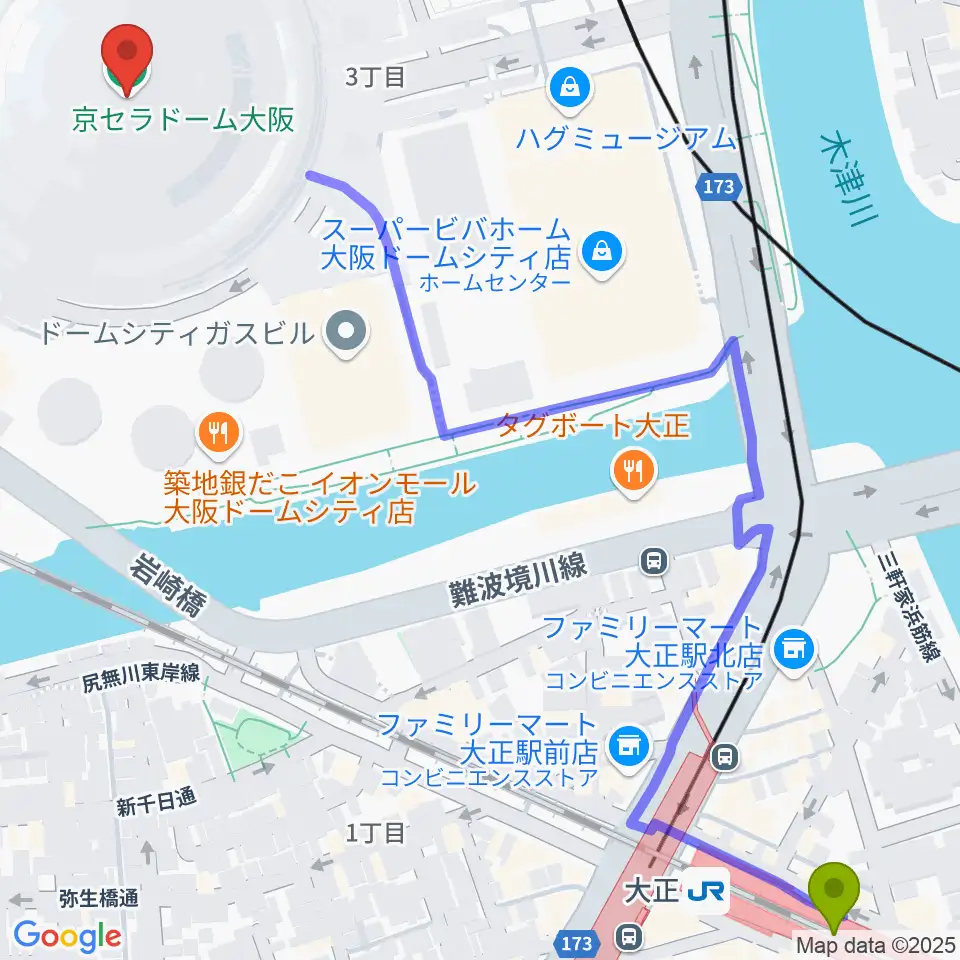 大正駅から京セラドーム大阪へのルートマップ地図