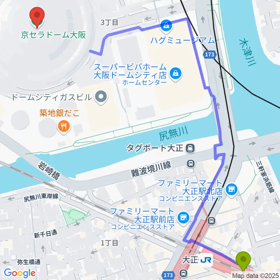 大正駅から京セラドーム大阪へのルートマップ地図