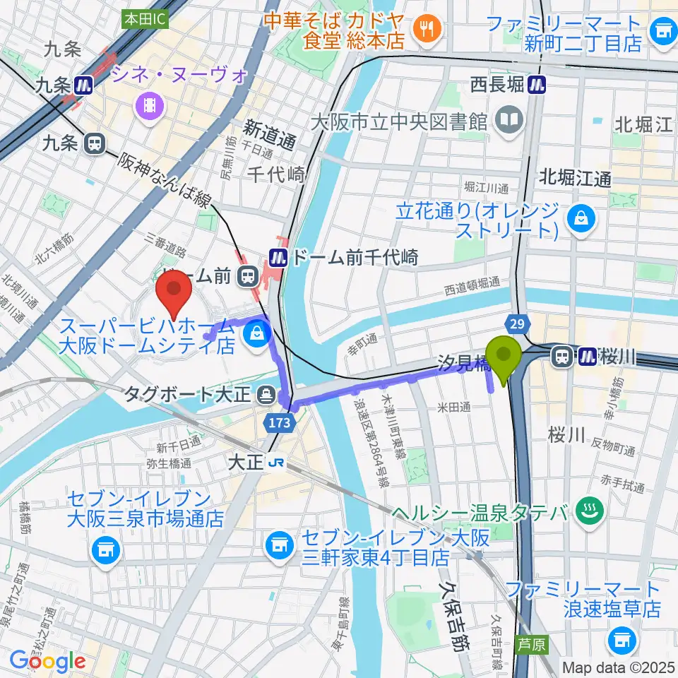 汐見橋駅から京セラドーム大阪へのルートマップ地図