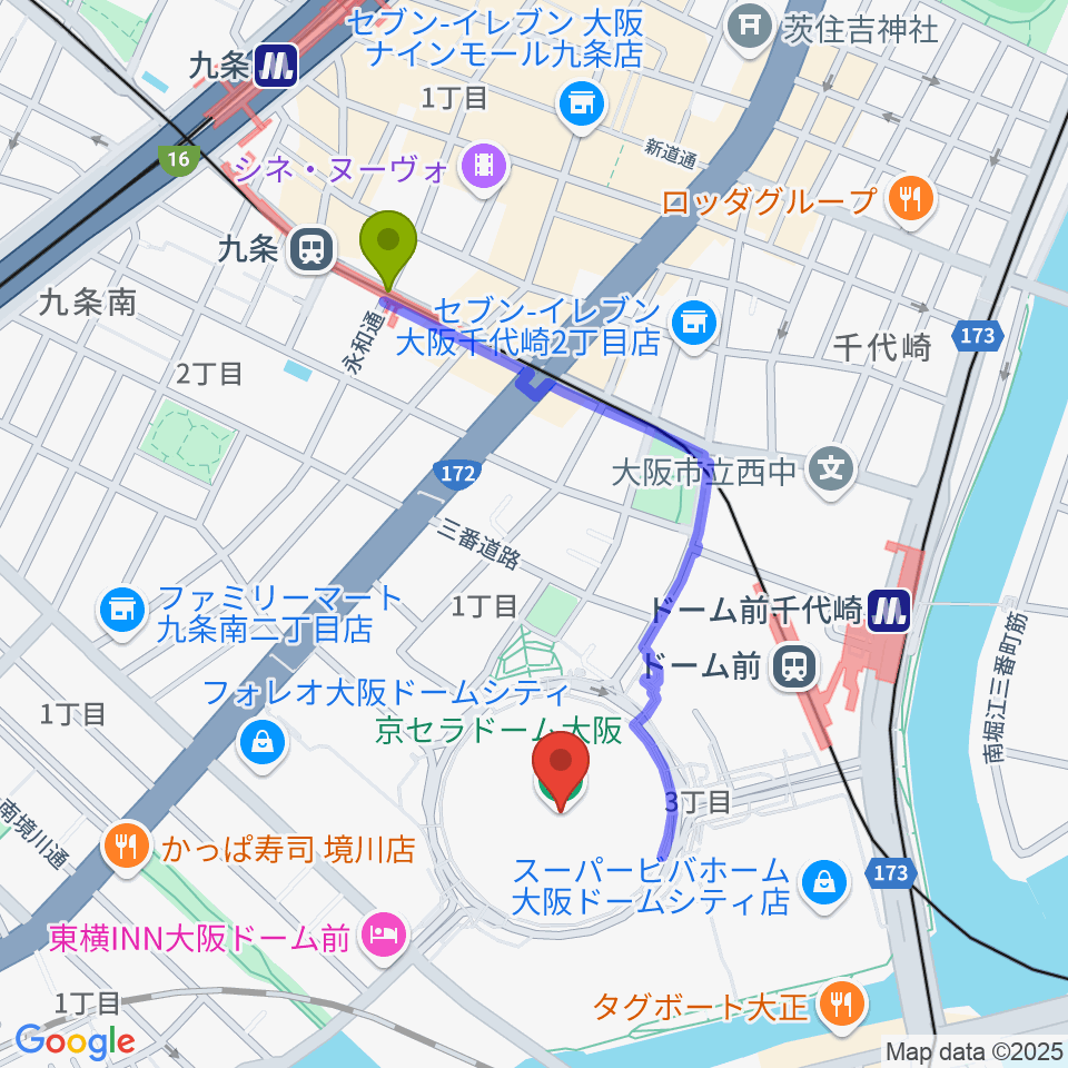 九条駅から京セラドーム大阪へのルートマップ地図