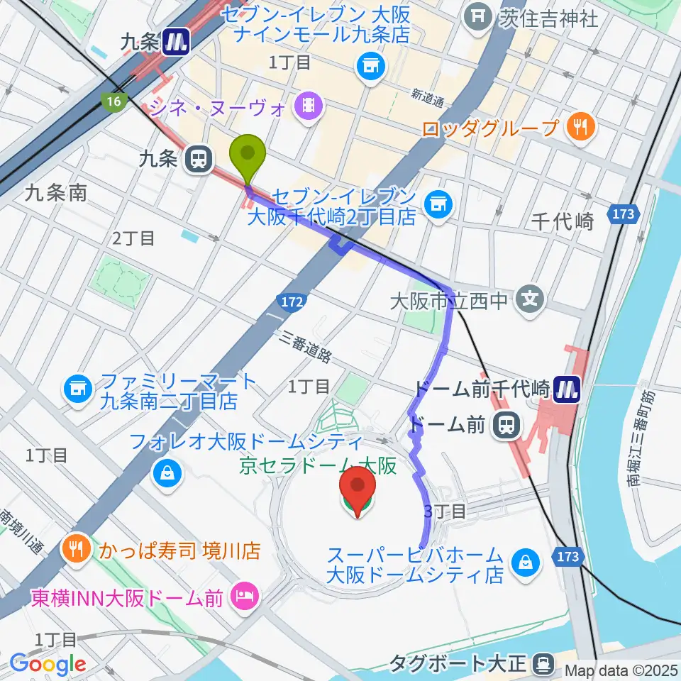 九条駅から京セラドーム大阪へのルートマップ地図