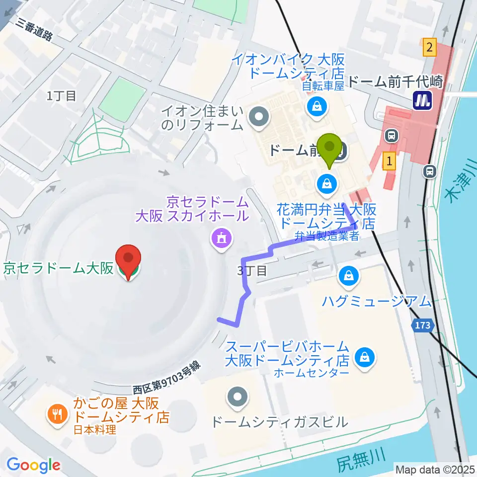 京セラドーム大阪の最寄駅ドーム前駅からの徒歩ルート（約4分）地図