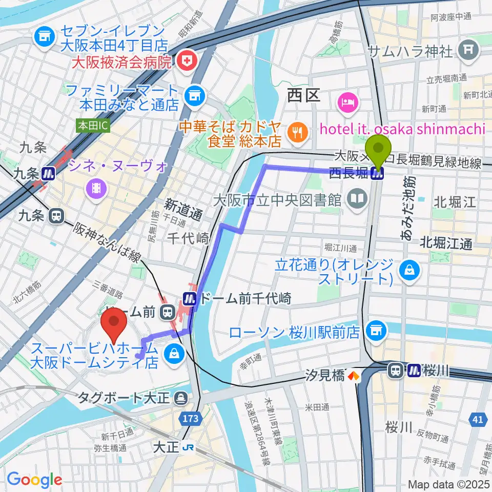 西長堀駅から京セラドーム大阪へのルートマップ地図