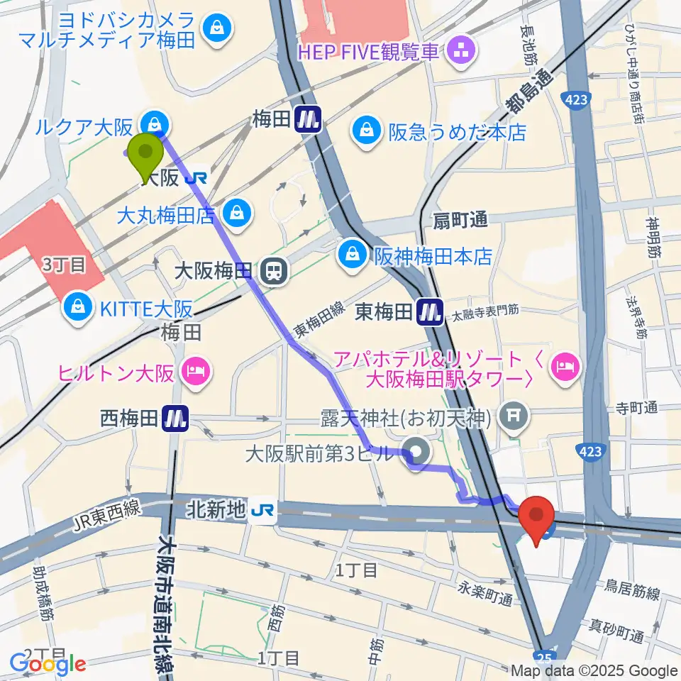 大阪駅からザ・フェニックスホールへのルートマップ地図