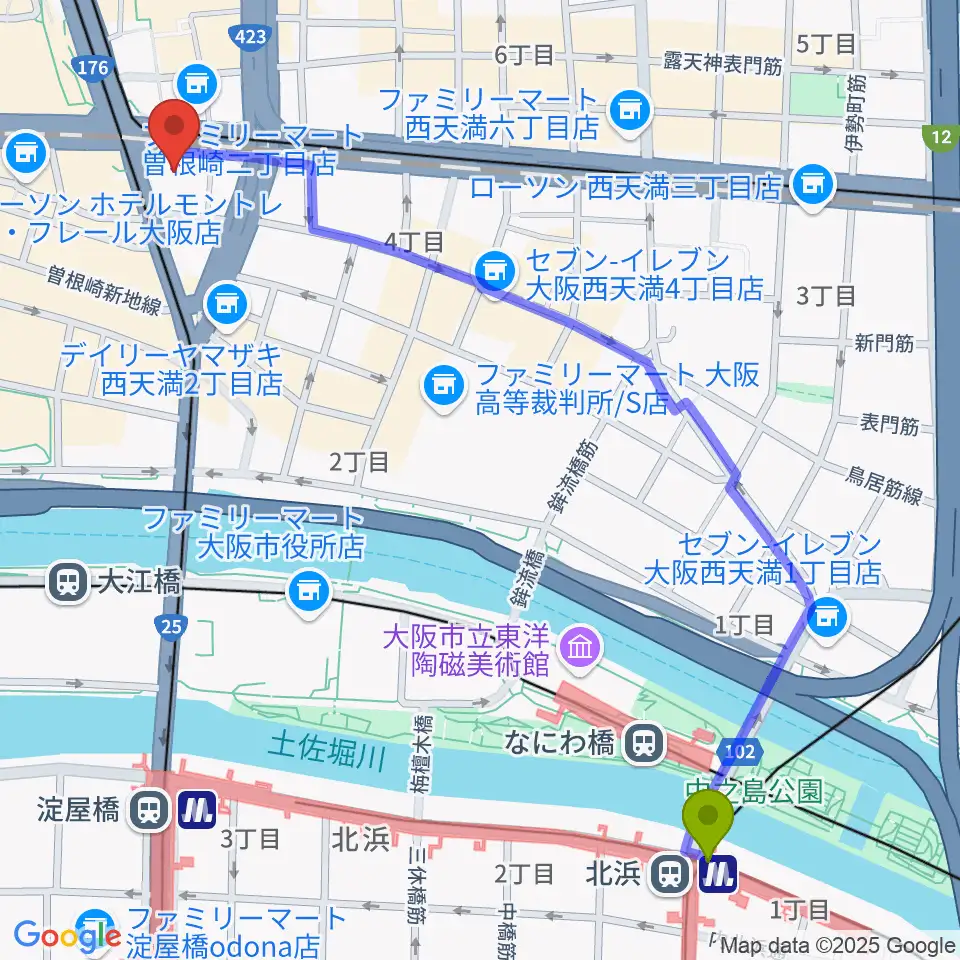 北浜駅からザ・フェニックスホールへのルートマップ地図