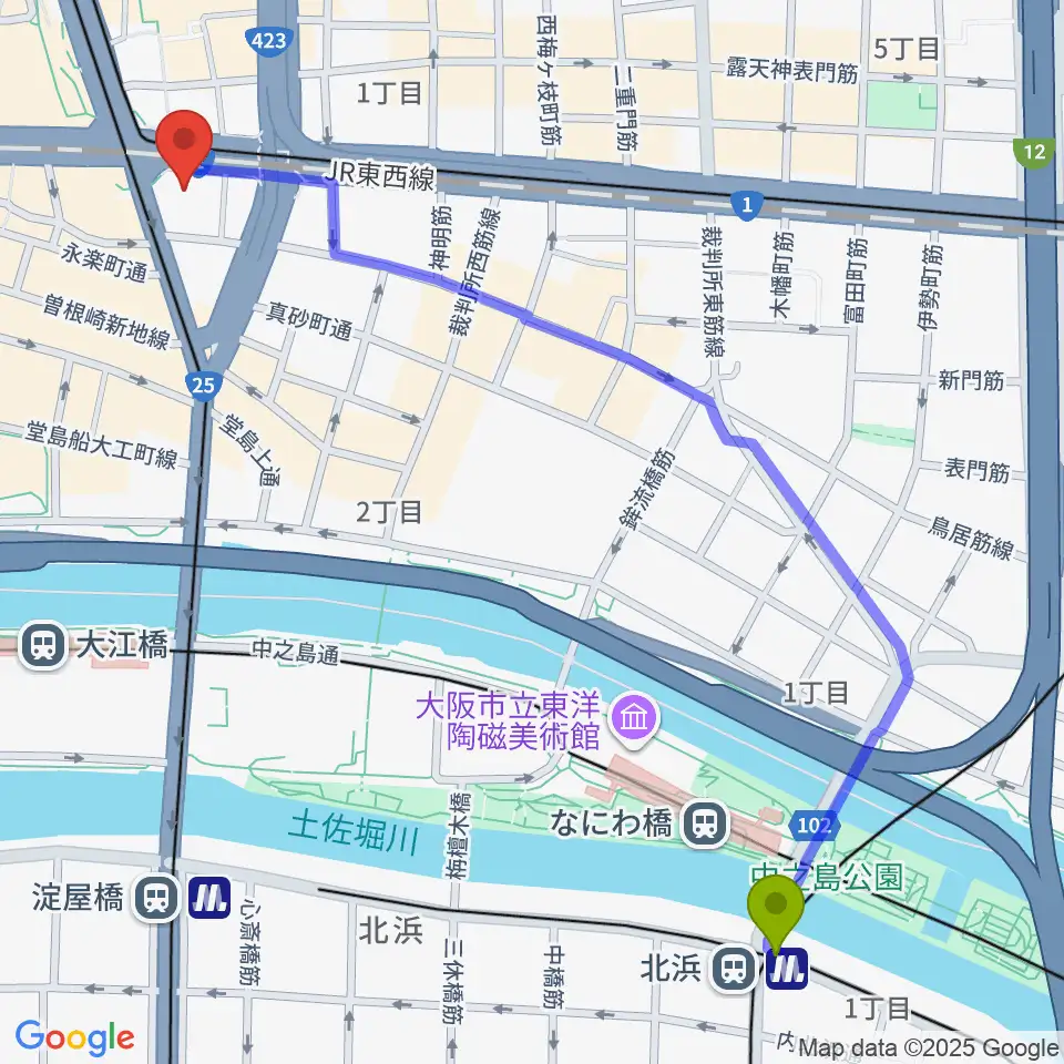 北浜駅からザ・フェニックスホールへのルートマップ地図