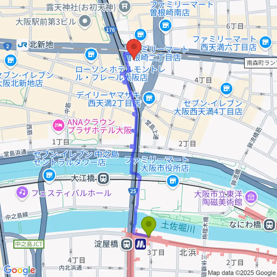 ザ・フェニックスホールの最寄駅淀屋橋駅からの徒歩ルート（約10分）地図