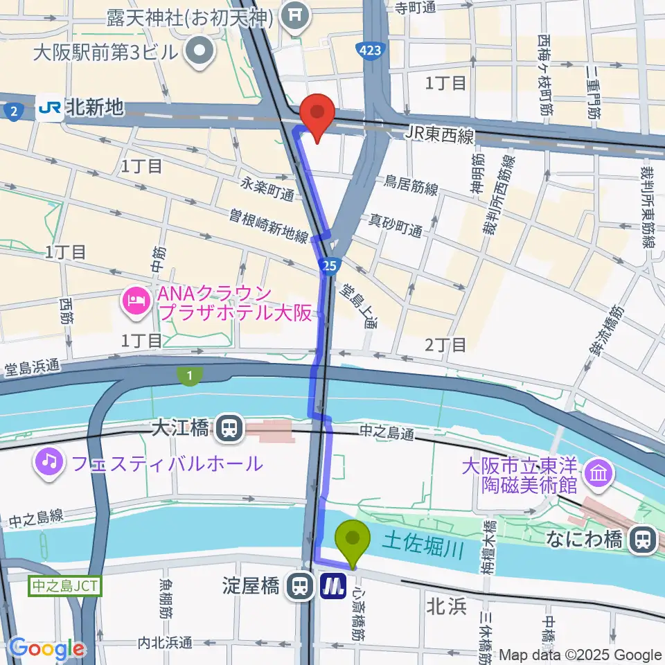 ザ・フェニックスホールの最寄駅淀屋橋駅からの徒歩ルート（約10分）地図