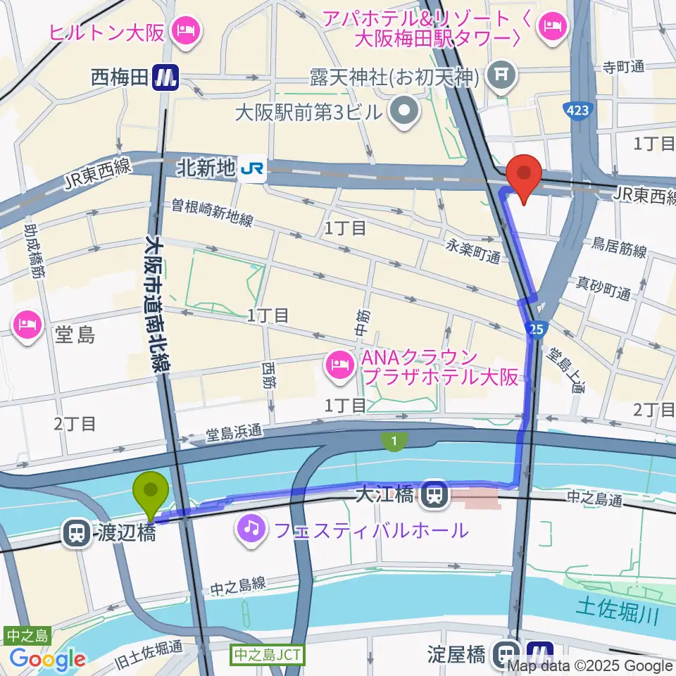 渡辺橋駅からザ・フェニックスホールへのルートマップ地図