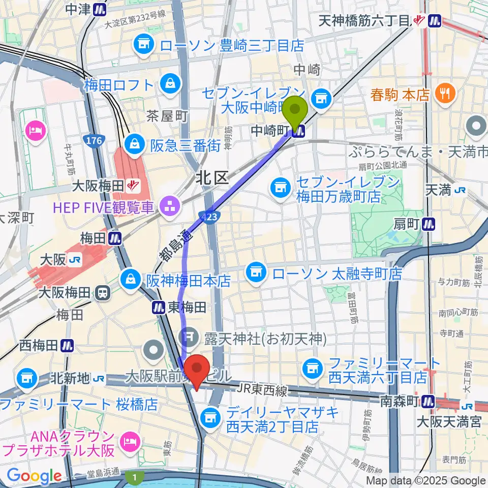 中崎町駅からザ・フェニックスホールへのルートマップ地図