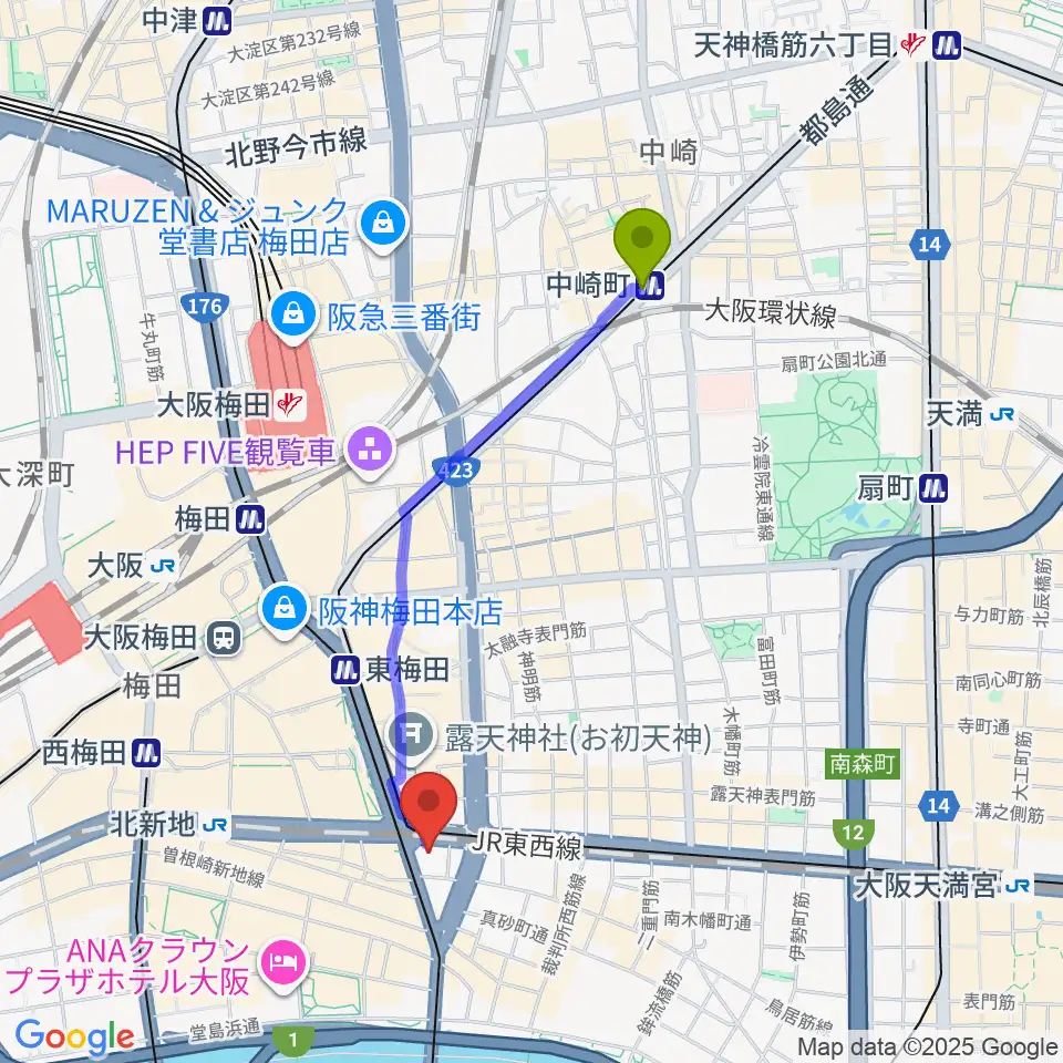 中崎町駅からザ・フェニックスホールへのルートマップ地図