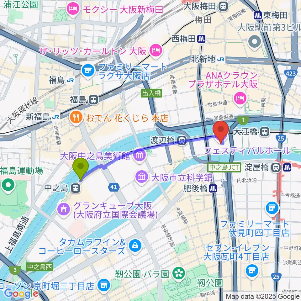 中之島駅からフェスティバルホールへのルートマップ地図