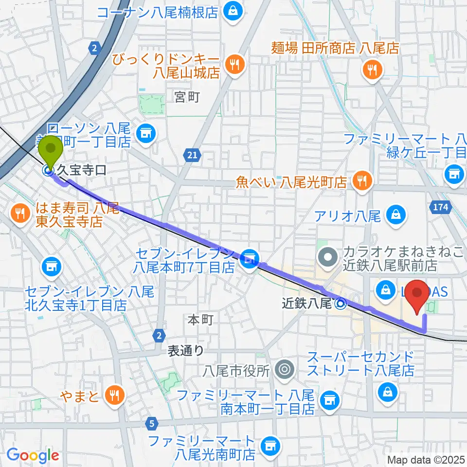 久宝寺口駅から八尾市文化会館プリズムホールへのルートマップ地図