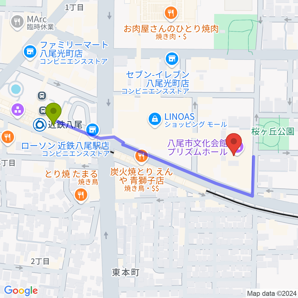 八尾市文化会館プリズムホールの最寄駅近鉄八尾駅からの徒歩ルート（約5分）地図