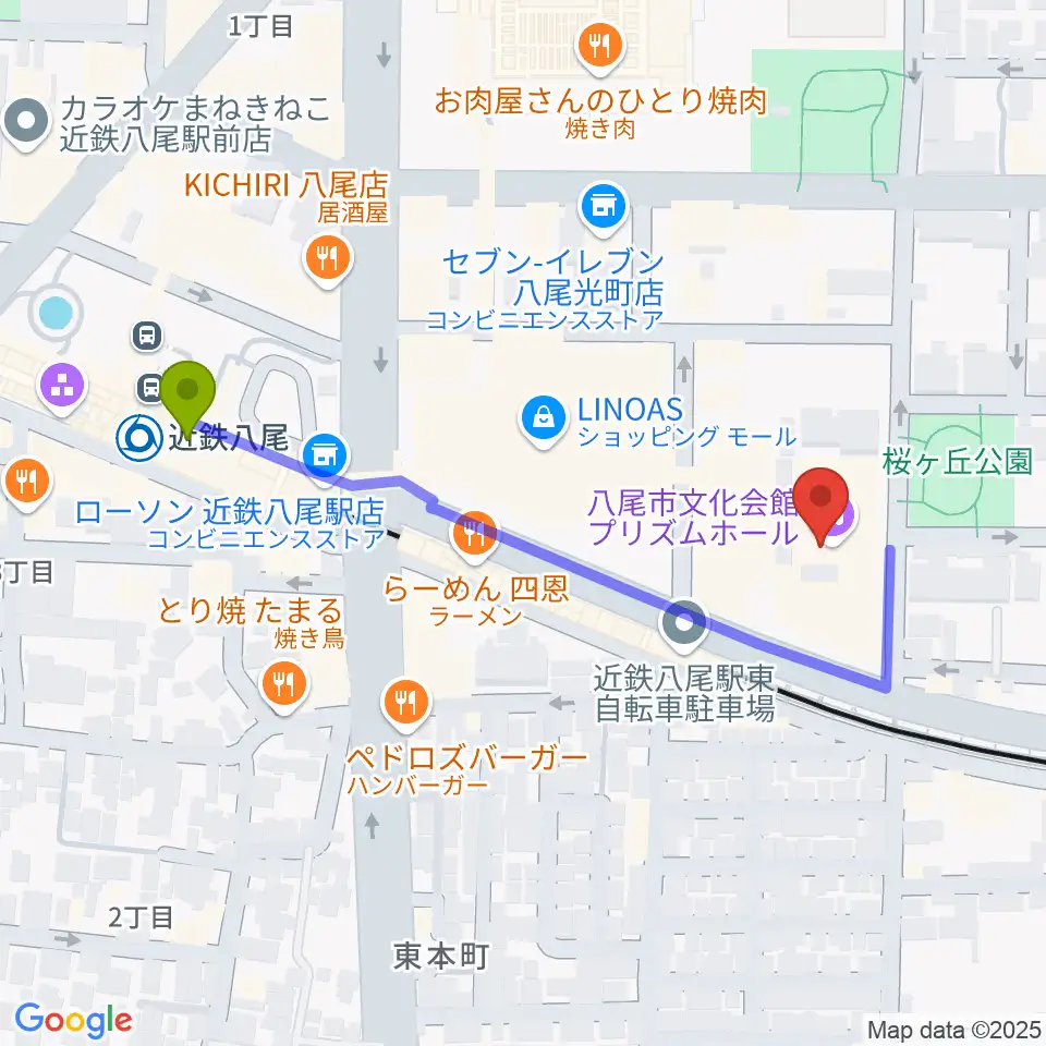 八尾市文化会館プリズムホールの最寄駅近鉄八尾駅からの徒歩ルート（約5分）地図