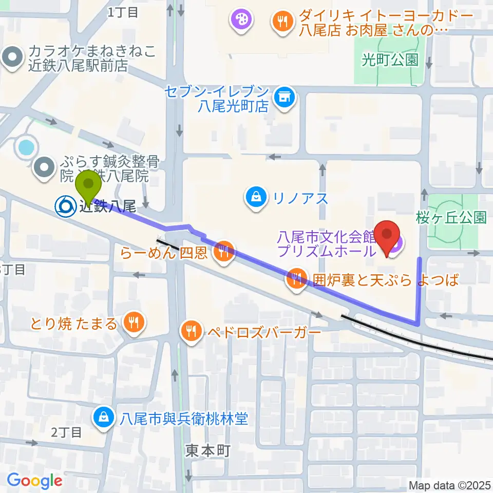八尾市文化会館プリズムホールの最寄駅近鉄八尾駅からの徒歩ルート（約5分）地図