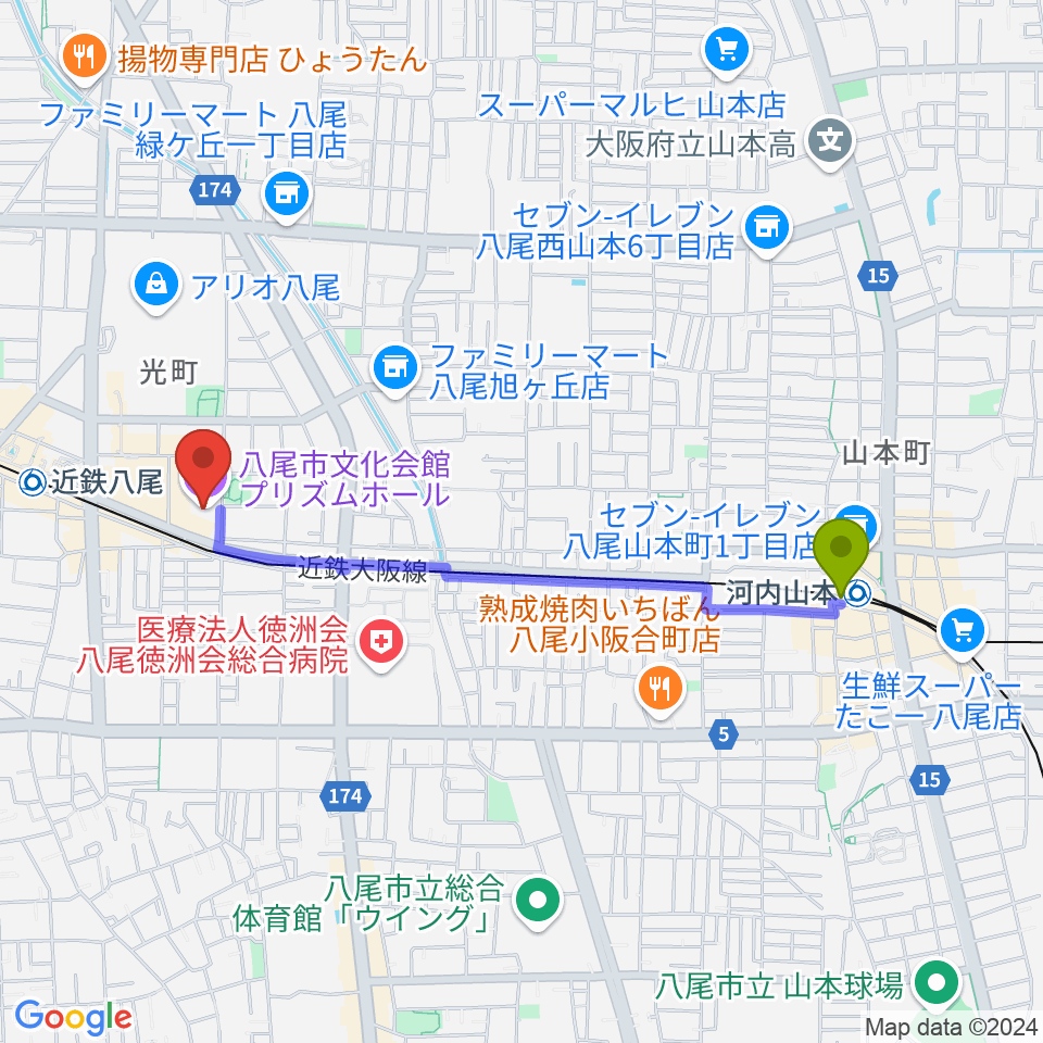 河内山本駅から八尾市文化会館プリズムホールへのルートマップ地図