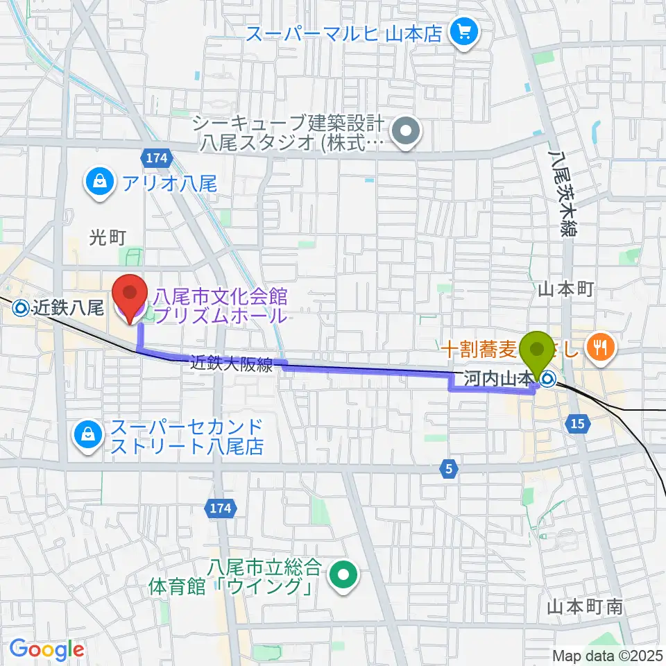河内山本駅から八尾市文化会館プリズムホールへのルートマップ地図