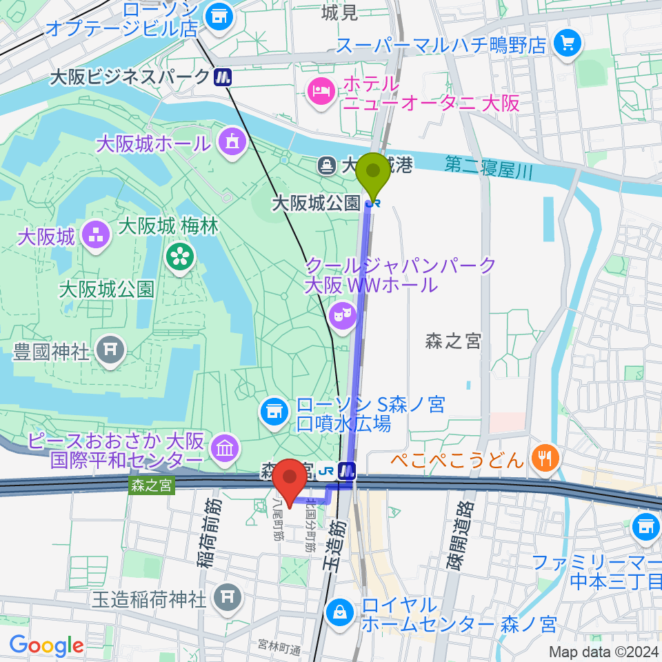 大阪城公園駅から森ノ宮ピロティホールへのルートマップ地図