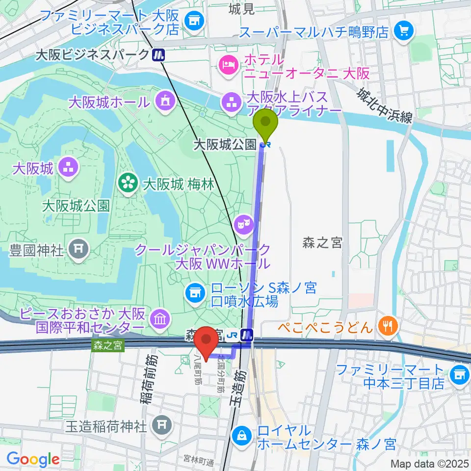 大阪城公園駅から森ノ宮ピロティホールへのルートマップ地図