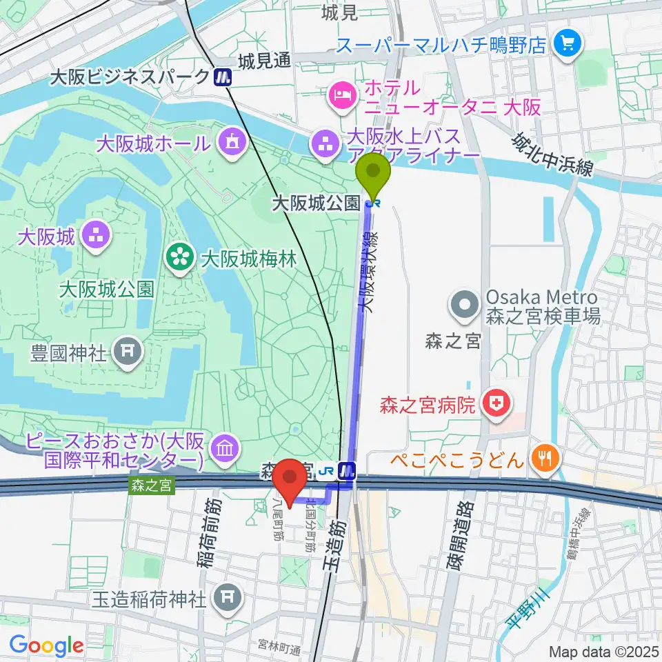 大阪城公園駅から森ノ宮ピロティホールへのルートマップ地図