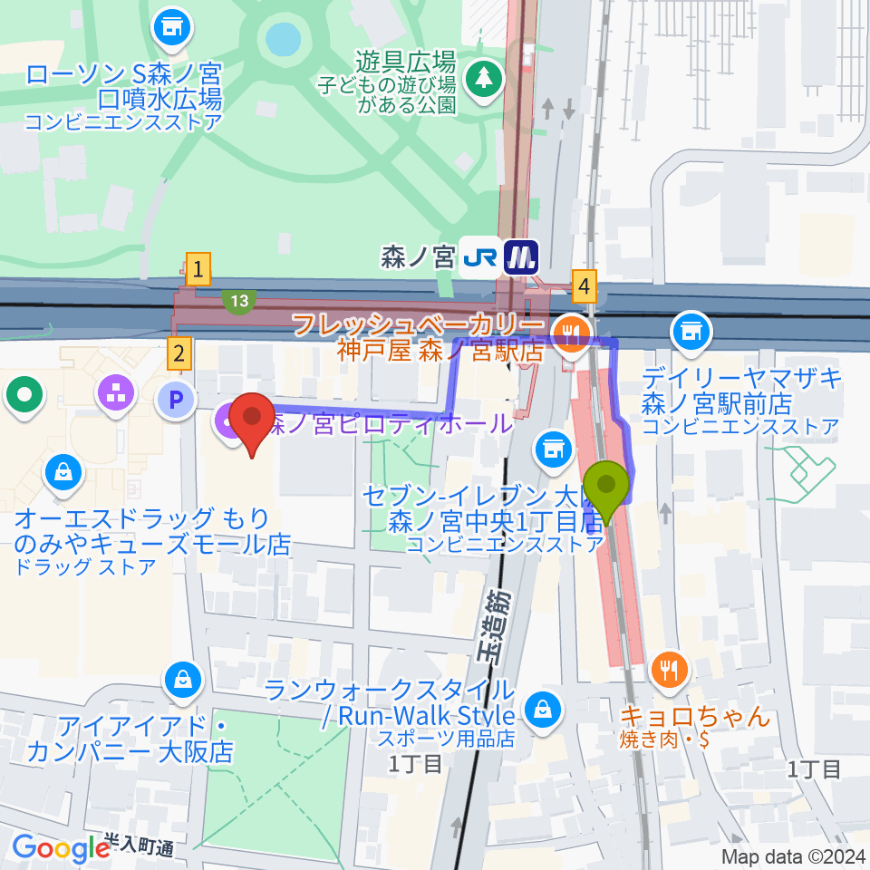 森ノ宮ピロティホールの最寄駅森ノ宮駅からの徒歩ルート（約3分）地図