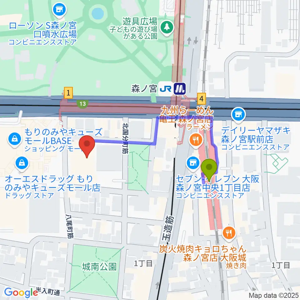 森ノ宮ピロティホールの最寄駅森ノ宮駅からの徒歩ルート（約3分）地図