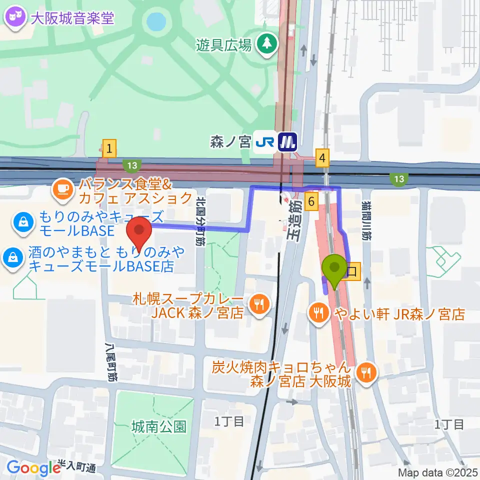 森ノ宮ピロティホールの最寄駅森ノ宮駅からの徒歩ルート（約3分）地図